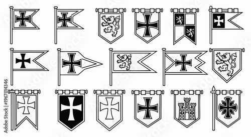 Collection of medieval banners and flags with crosses and heraldic lions