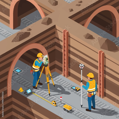 Isometric Surveyors at Work in Underground Tunnel Construction.
