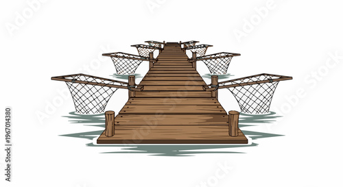 A wooden pier extends into water with nets on each side
