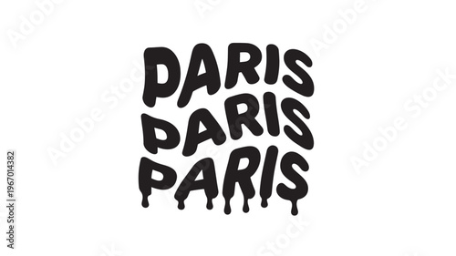 Text dripping black word Paris repeated three times in a vertical stack for graphic design. featuring letters, font, typography with repetition and