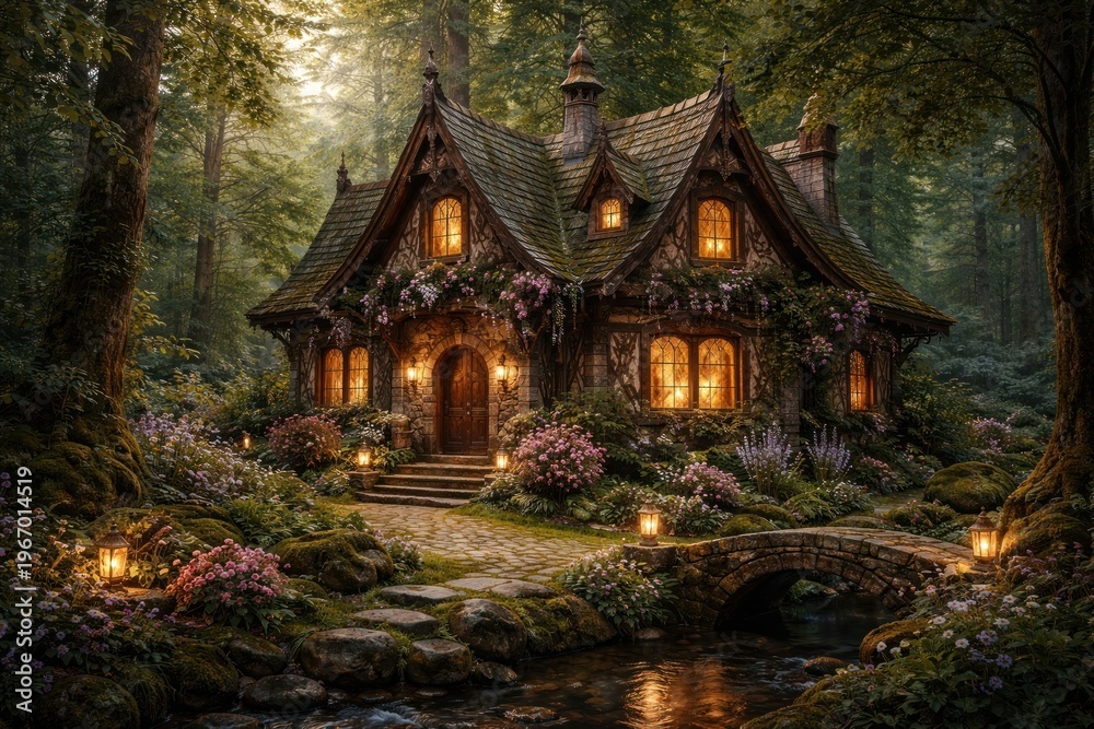 Fototapeta premium Enchanted forest cottage scene