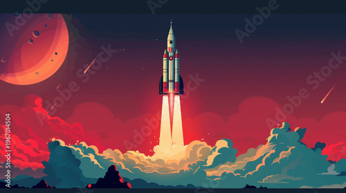 Rocket launching into space against crimson sky with planets and clouds