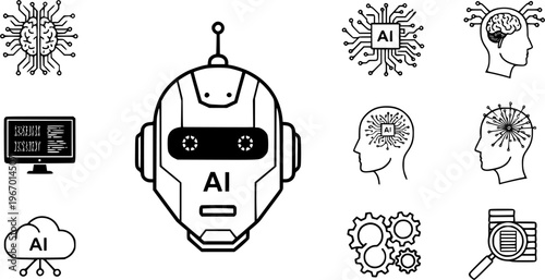 Artificial intelligence AI pictogram. Technology related to artificial intelligence, computers and systems that are intelligent, graphic of robot. Vector ai generated logo or symbol. Tech icon