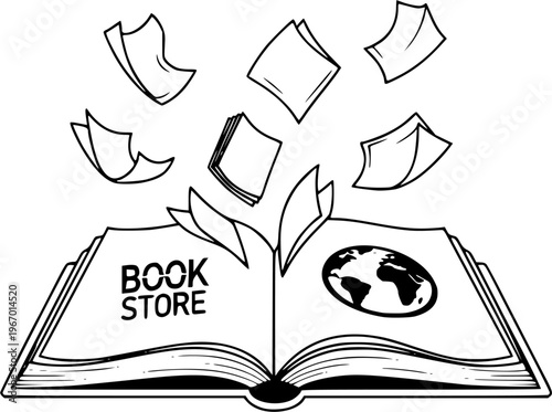 Cartoon open book and pages. Education concept. Line drawing. Opened books sign. Book store logo. Flying pages. World book day
