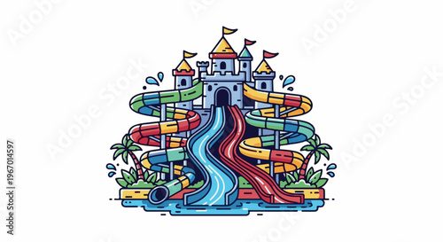 Colorful water park with castle, slides, palm trees, and water splashes