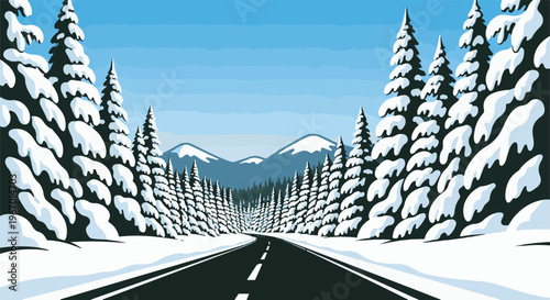 A snowy mountain road winds through snow-laden pine trees under a clear sky