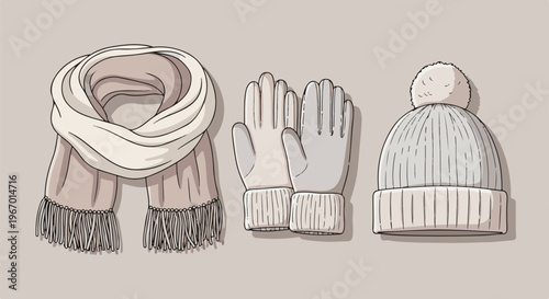 Cozy winter accessories scarf, gloves, and pom-pom hat