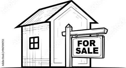House, home line pattern. For sale signboard. Cartoon board icon or logo. Agent to advertise a house listing. Cartoon house for sell logo. Sales or sold. Communication, marketing idea