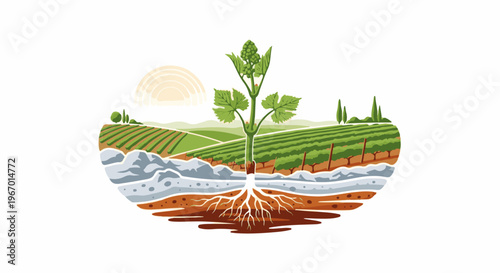 Cross-section view of vineyard, showing plant roots in soil layers and sun