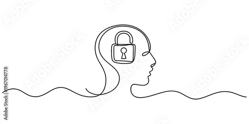 A single continuous line drawing of a human profile with a padlock symbol inside the head area Vector, illustration