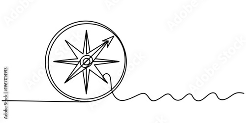 A single continuous line drawing of a navigation compass icon set against a clean white background Vector, illustration