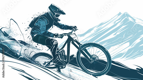 Mountain biker descends a snowy slope creating a dynamic illustration