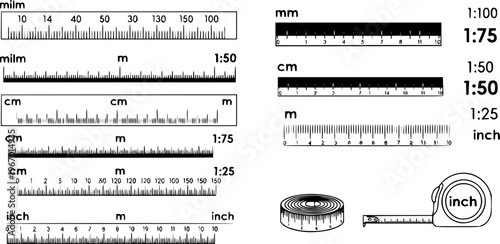 Grids for a ruler in millimeter, centimeter, meter and inch. Rulers mm, cm, m scale. metric units measuring scale bars for ruler. scale 1:100, 1:75, 1:50 and 1:25. Tape measure. Tools sign 