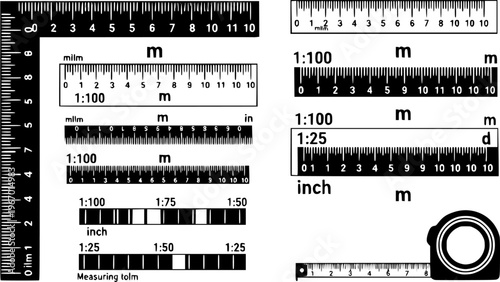 Grids for a ruler in millimeter, centimeter, meter and inch. Rulers mm, cm, m scale. metric units measuring scale bars for ruler. scale 1:100, 1:75, 1:50 and 1:25. Tape measure. Tools sign 
