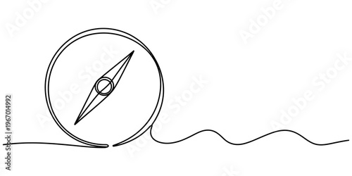 A minimalist single line drawing of a navigation compass depicting direction and travel concept Vector, illustration