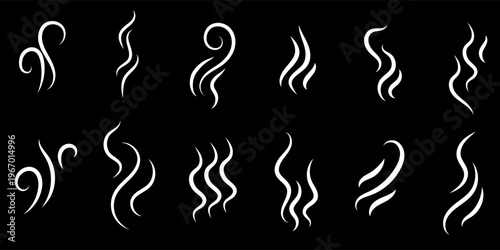 Smoke smell, steam aroma icon vector logo set Vector flat  illustration. Hot vapor fire doodle line logo. Hit stink, coffee, fragrance flame elements.