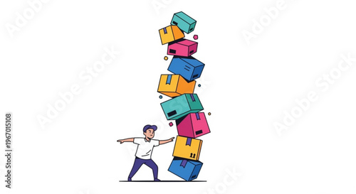 A man struggling to balance a tall stack of colorful boxes, representing overwhelming tasks or a heavy workload