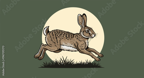 Brown hare leaping across a grassy field against a pale yellow moon-like orb