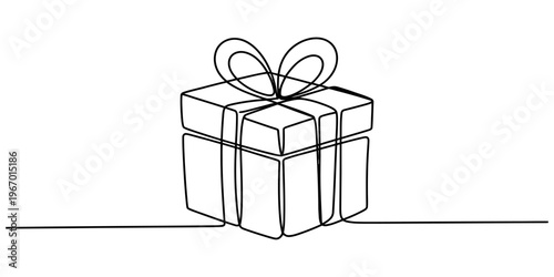 A single continuous line drawing of a gift box with a bow tied on top isolated on white background Vector, illustration