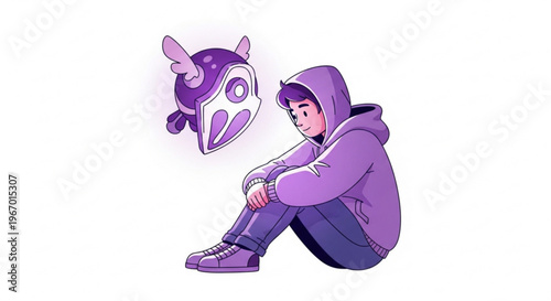Thoughtful young individual in a hoodie bonding with a unique, stylized flying creature, symbolizing digital companionship and creative imagination