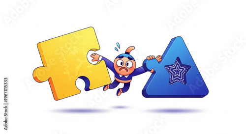 Anxious cartoon character grapples with an ill-fitting puzzle piece and a triangular slot, vividly depicting the universal challenge of problem-solving and adaptation in complex tasks