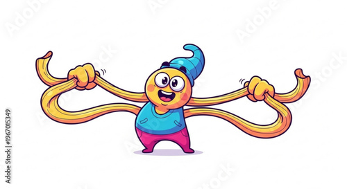 Playful cartoon character with incredibly long, elastic yellow arms, stretching them out wide with a cheerful expression, symbolizing flexibility, fun, and adaptability, on a clean white background