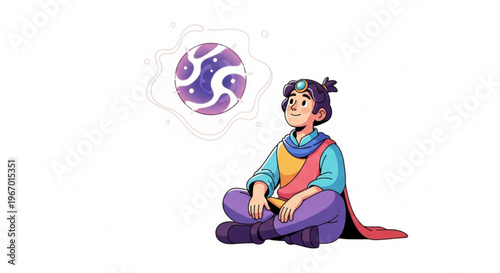 An imaginative journey into the mind, as a serene figure contemplates a magical, swirling cosmic sphere, representing discovery and personal enlightenment
