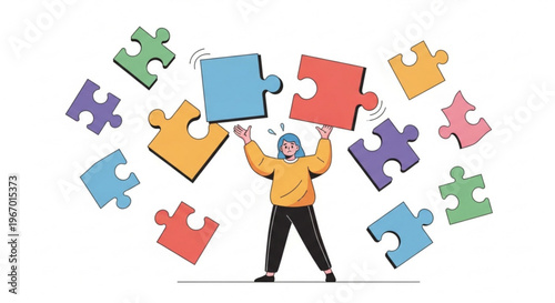 Joyful individual successfully connecting vibrant puzzle pieces, illustrating the concept of collaborative problem-solving, strategic integration, and achieving unity in complex challenges