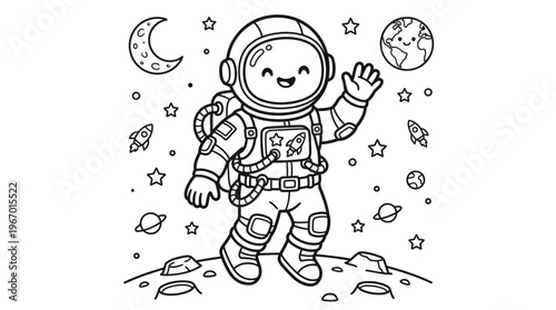 Smiling astronaut in space suit standing.