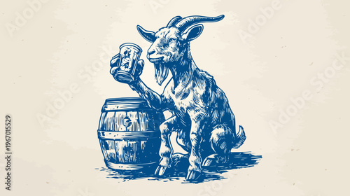 Artistic illustration of a goat holding a drink with a wooden barrel