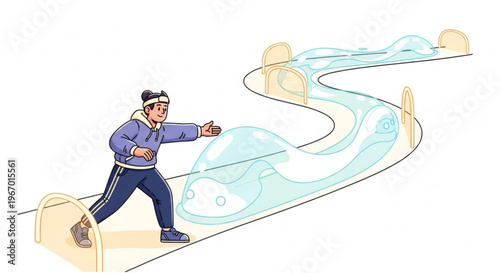 Animated character playfully guiding a curious blue creature through an innovative interactive game challenge