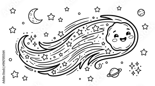 Smiling Moon Face with Stars and Planets.