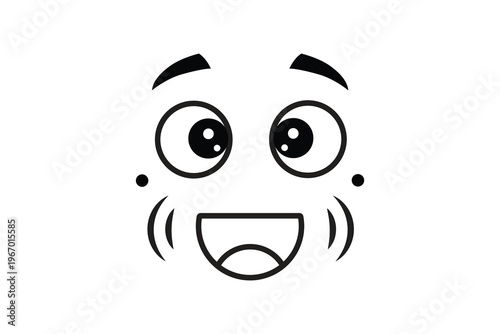 Cartoon illustration of a happy face with big eyes, raised eyebrows, and a wide smile, expressing joy and excitement, perfect for emoticon or emoji design.