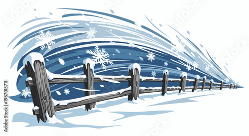 A rustic wooden fence covered in snow with snowflakes falling