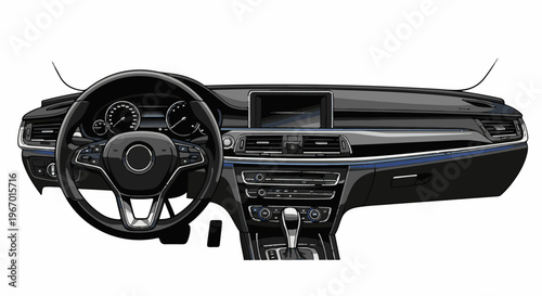 Modern car interior dashboard with steering wheel, screen, and controls