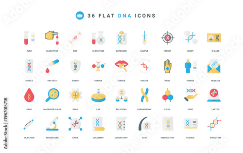Genetic test in laboratory, genome structure, human DNA and chromosomes scientific research, cells color icon set. Hair, saliva, blood sample lab investigation flat elements vector illustration