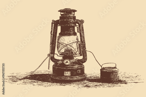 Vector illustration of an old-fashioned kerosene camp lantern. Illustration of outdoor survival gear.