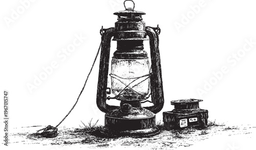 Vector illustration of an old-fashioned kerosene camp lantern. Illustration of outdoor survival gear.