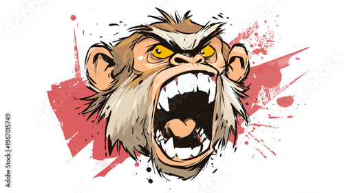 Cartoon angry monkey head with open mouth against red splatter background