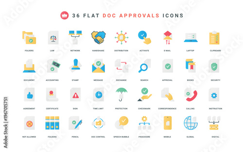 Document approval, ticks of verification warranty, certificate with seal color icon set. quality stamp and check mark approve agreement, confirm and accept test form flat elements vector illustration