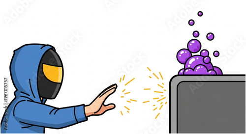 Cartoon character in hoodie with mask blocking energy sparks with hand from a metal object