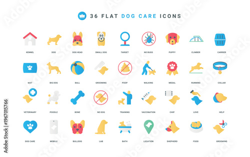 Dog health and food care, training, help and vaccine at veterinary clinic color icon set. Location of vet hospital, puppy grooming and medal, kennel and carrier flat elements vector illustration
