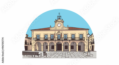 A hand-drawn architectural facade with a clock tower and colonnade under a blue sky