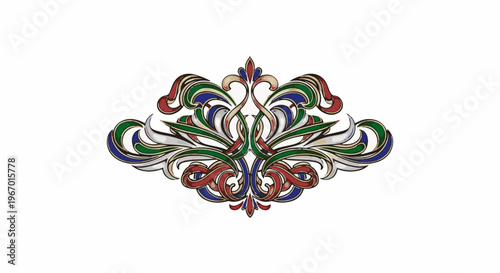 Ornate, symmetrical floral and scrollwork design in red, green, blue, and gold