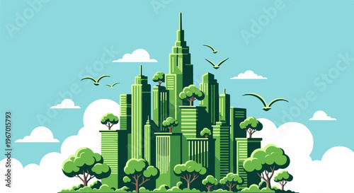 Green cityscape with trees and birds under a blue sky with clouds
