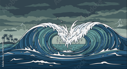 Large crashing ocean wave under stormy, lightning-filled skies with distant palm trees