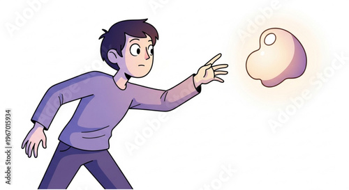 A young boy reaches out to a glowing, amorphous blob of light in this playful cartoon illustration