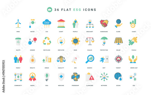 Environmental, social, and governance criteria for corporate company, ESG color icon set. Responsible investment and development strategy, family support, equality flat elements vector illustration