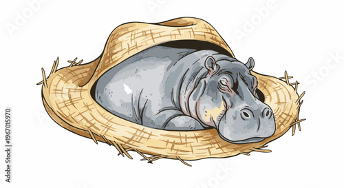 A grey hippopotamus rests comfortably within a woven straw basket