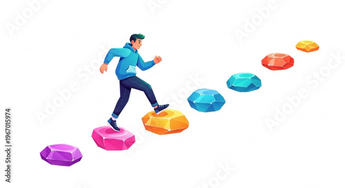 Illustration of a young person climbing stairs made of colorful gems, symbolizing progress and achievement